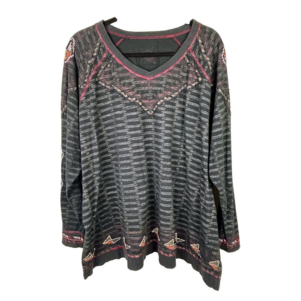 Double D Ranch Embroidered Cotton Jersey T Shirt Top Black Abstract Stripes M